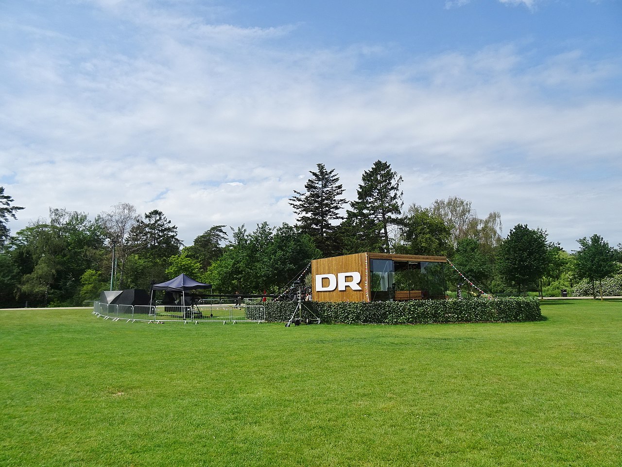 Television studio of DR in Fælledparken in Copenhagen during the 2020 UEFA European Championship. The soccer stadium can be seen behind the photograph