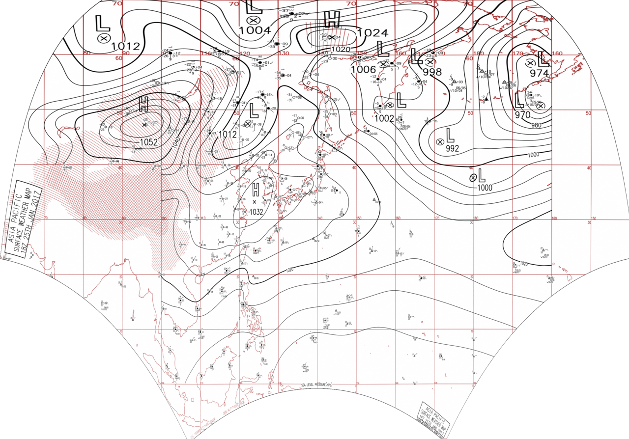 Surface analysis chart of Metarea XI for 25 January 2017, 18Z. Product of the Japan Meteorological Agency.