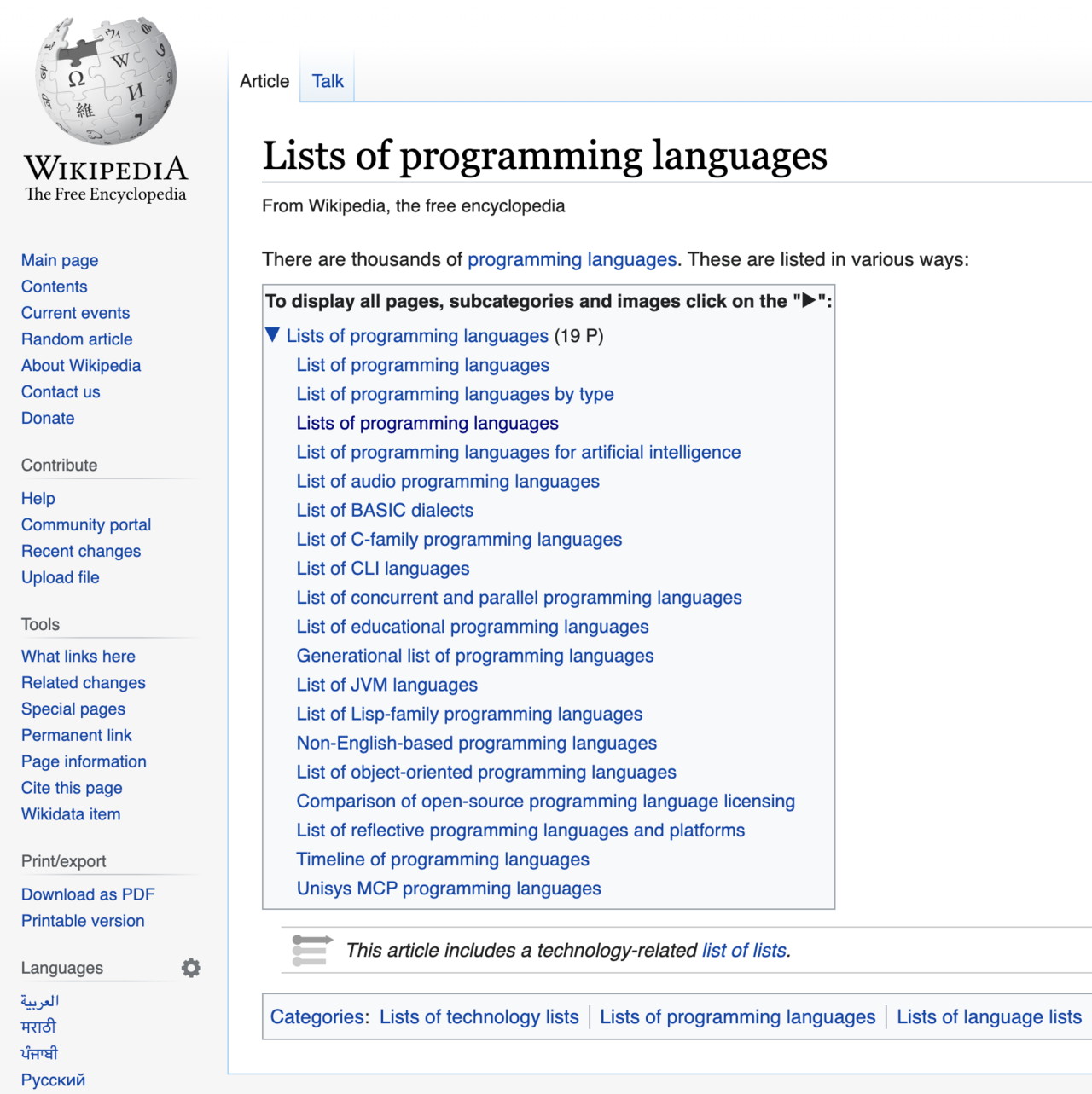 Screenshot of the English Wikipedia entry for Lists of programming languages as of 19 September 2020