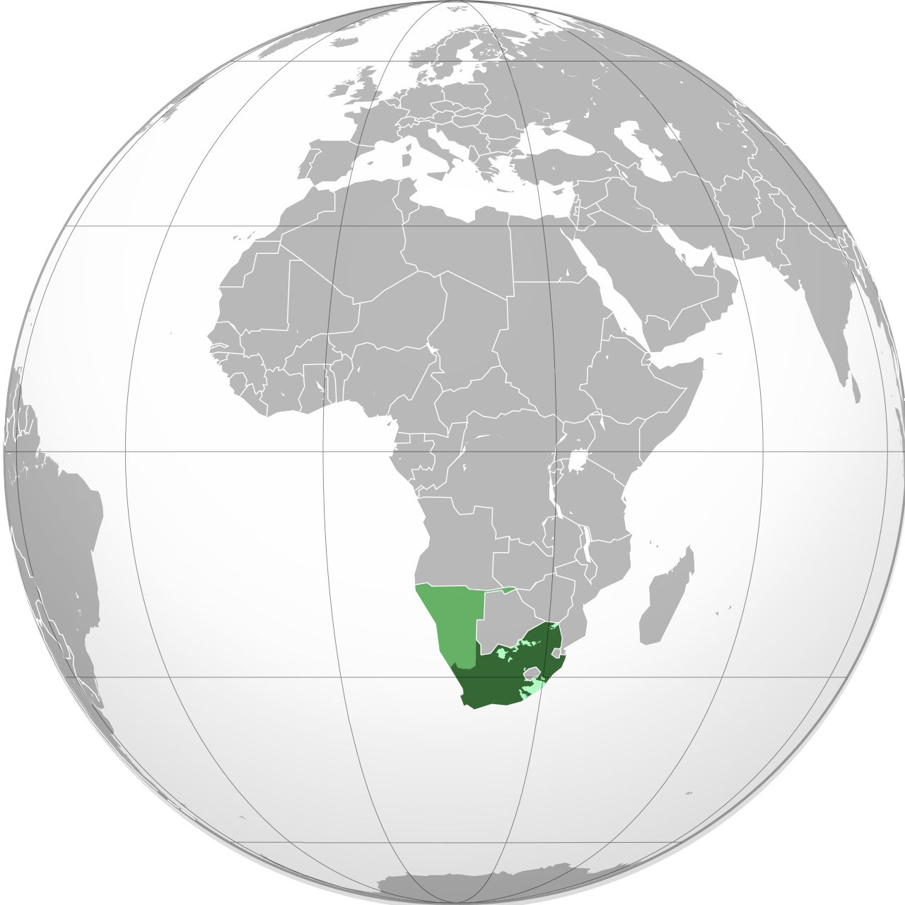 Map of South Africa during the Apartheid era with South West Africa shown is light green and the four Nominally independent Bantustans of Bophuthatswa