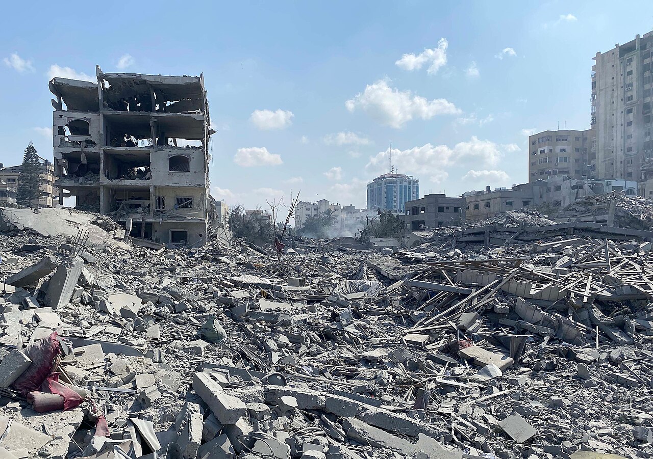 Damage to residential buildings in the Rimal neighborhood of Gaza City, caused by an Israeli airstrike on October 9, 2023.