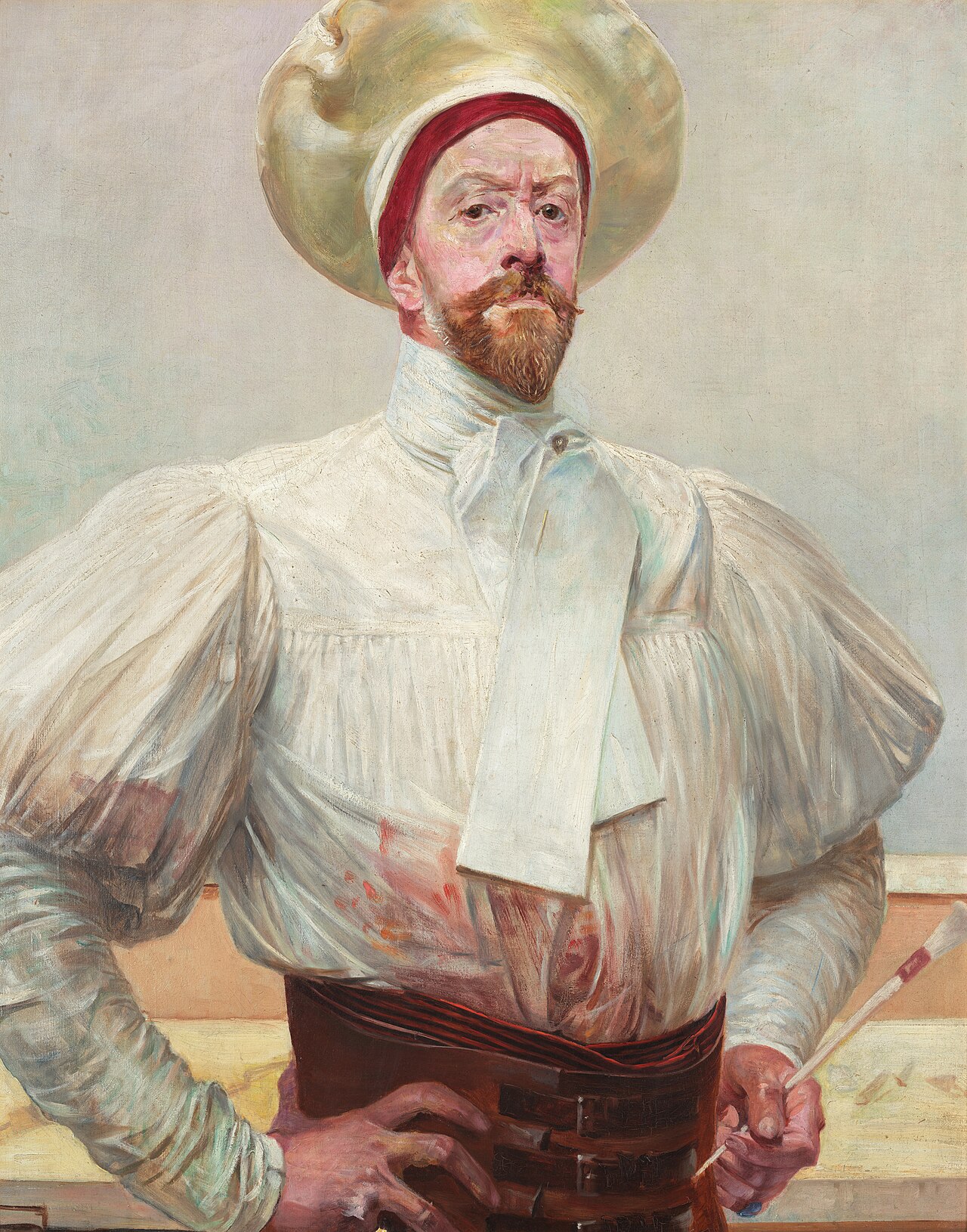 Self-portrait of artist Jacek Malczewski wearing a white traditional 19th century artist's smock (or smock-frock), a white neck scarf (a common garmen