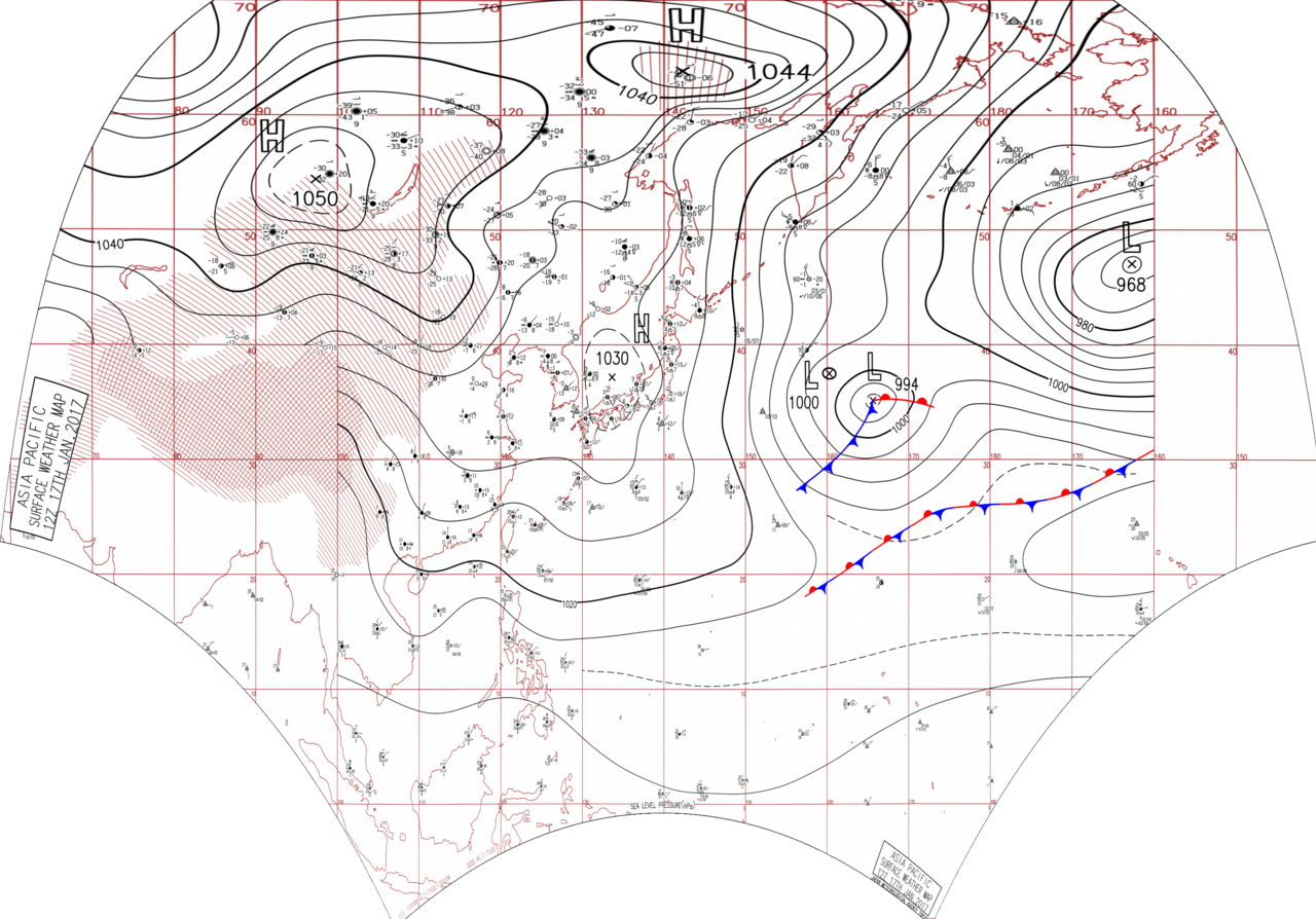Surface analysis chart of Metarea XI for 17 January 2017, 12Z. Product of the Japan Meteorological Agency.