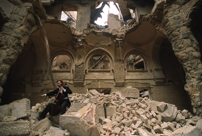 This image is one of my favourites. It was taken during the war in 1992 in Sarajevo in the partially destroyed National Library. The cello player is l