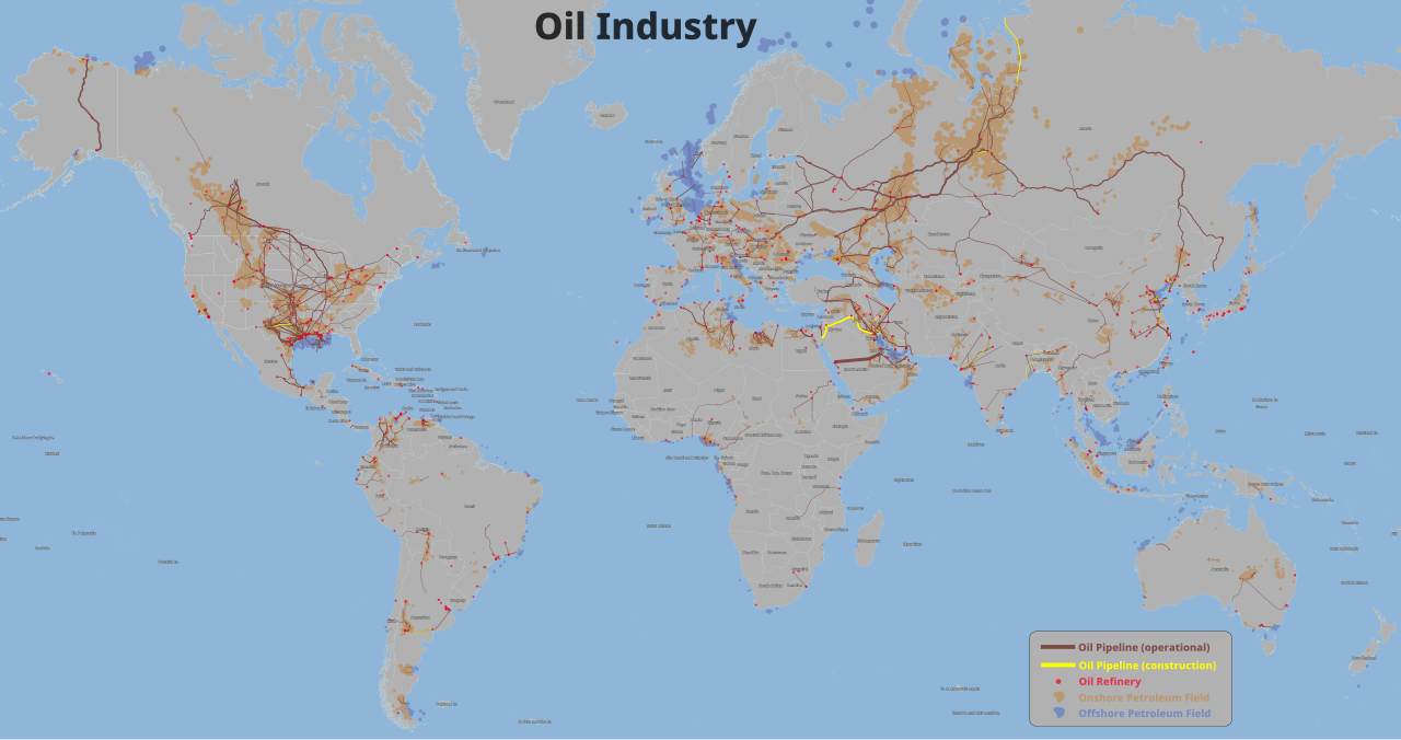 Oil industry map showing oil pipelines, refineries, and petroleum fields. Thickness of the line is based on pipeline capacity.