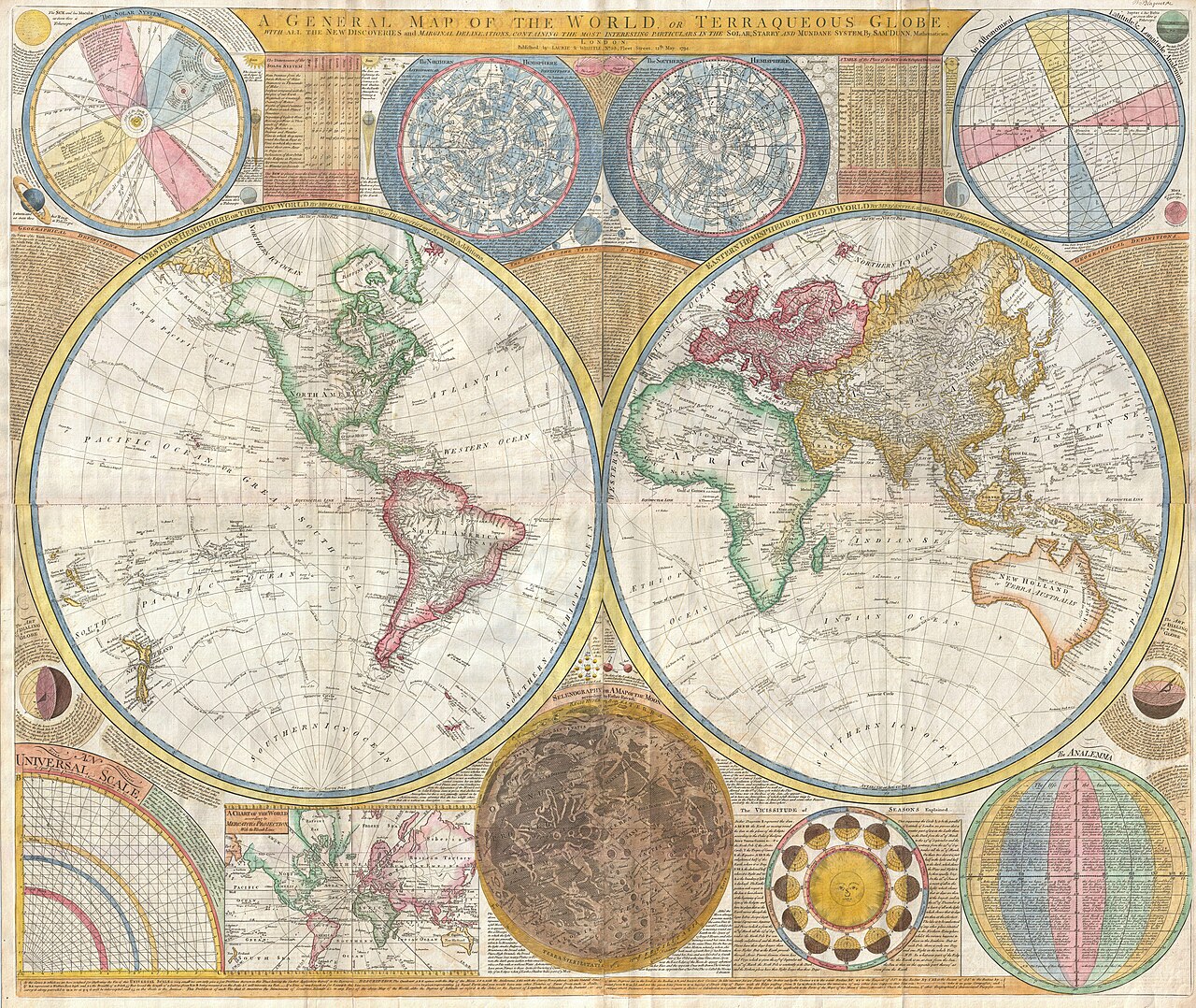 An absolutely stunning and monumental double hemisphere wall map of the world by Samuel Dunn dating to 1794. This extraordinary map is so large and s