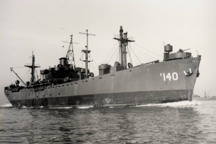 USS Situla (AK-140), a Liberty ship commissioned into the US Navy, seen here in San Francisco Bay in 1945