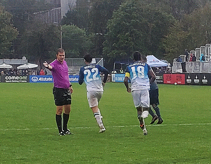 Referee Yusri Rudolf officiates a Canadian Premier League (CPL) soccer match between HFX Wanderers FC and York United at Wanderers Grounds in Halifax,
