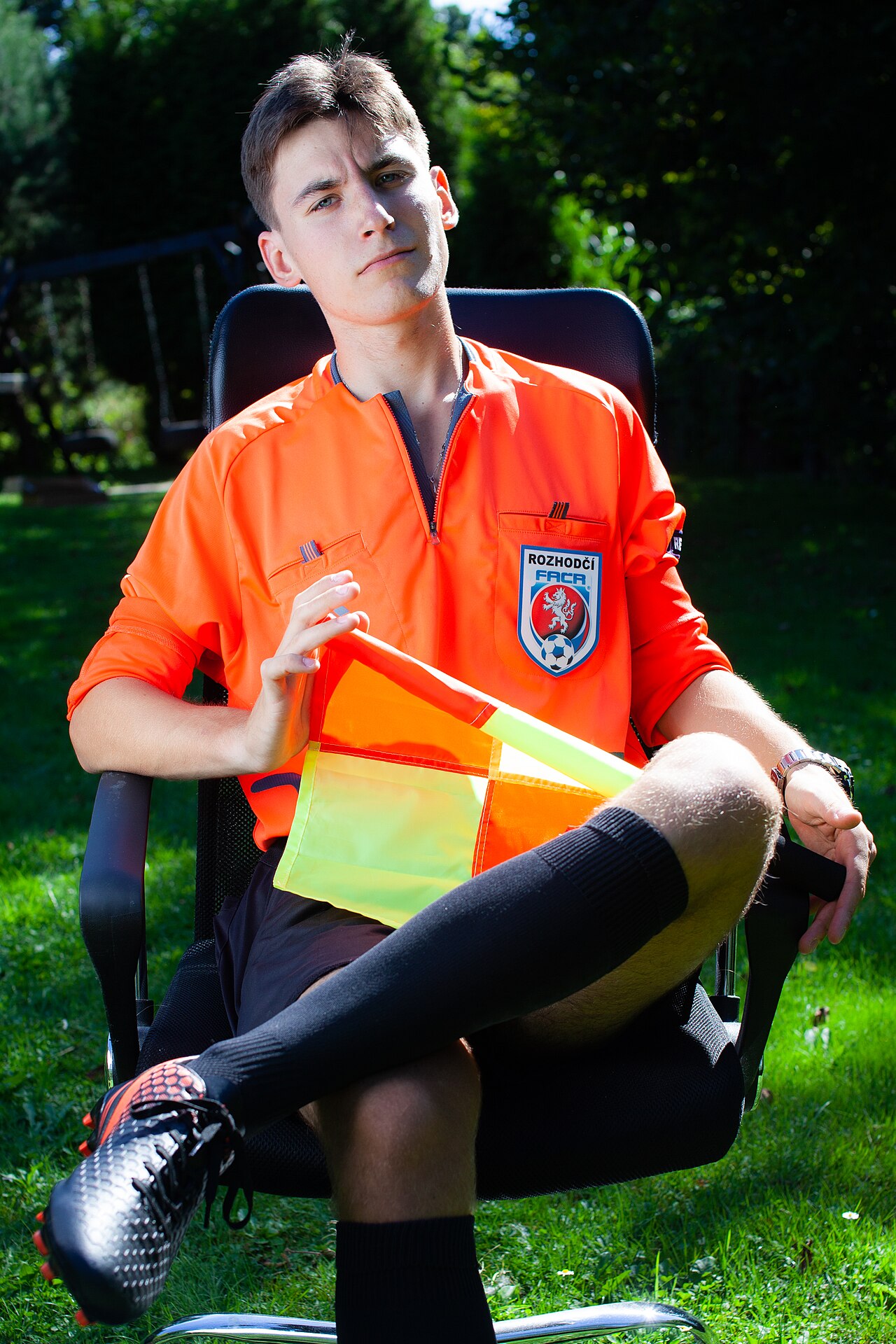 Staged photo of an association football referee (Tadeáš Bednarz) of the Football Assocition of the Czech Republic (FAČR)