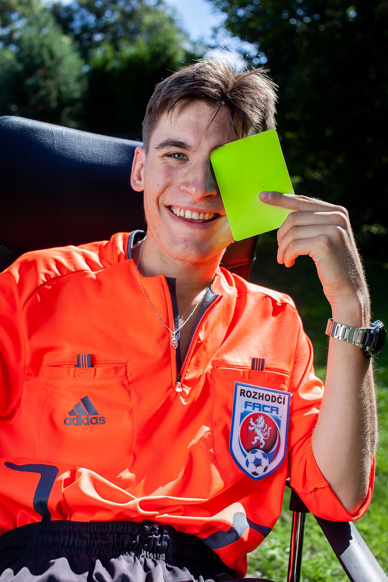 Staged photo of an association football referee (Tadeáš Bednarz) of the Football Assocition of the Czech Republic (FAČR)