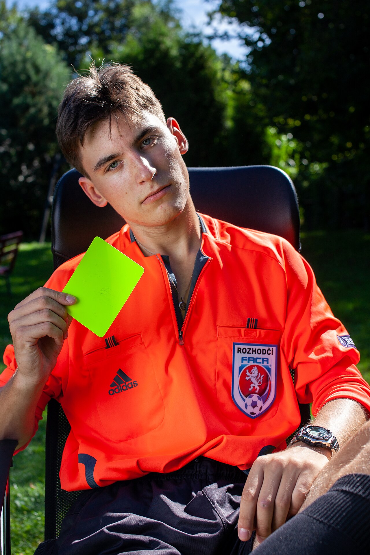 Staged photo of an association football referee (Tadeáš Bednarz) of the Football Assocition of the Czech Republic (FAČR)